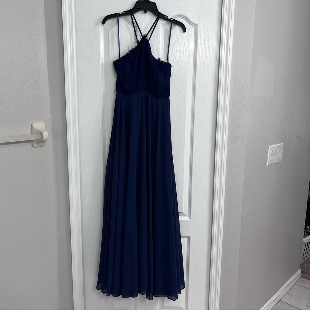 Lulu’s womens halter neck criss cross back lace top maxi dress blue medium